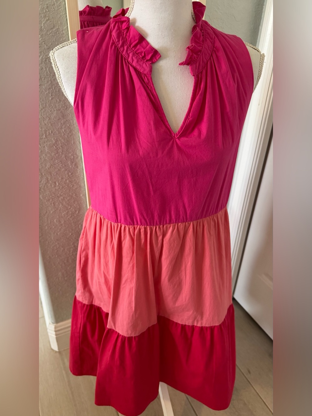 Gibson Pink Coral Colorblock Tiered Ruffle Dress Cotton Size Small